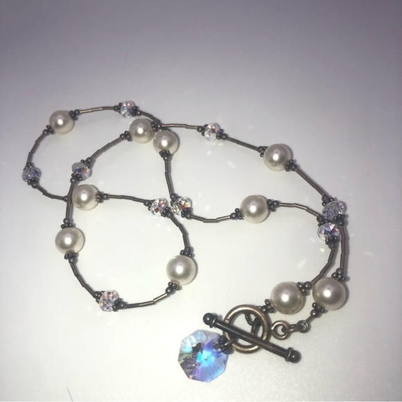 vtg Sterling Pearl & Aurora Crystal Heishi Tube Bead Necklace Toggle Clasp 18” - Picture 5 of 9